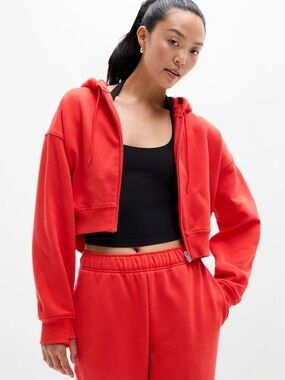 Athleta Forever Fleece Bright Red Full Zip Cropped Hoodie Sweatshirt